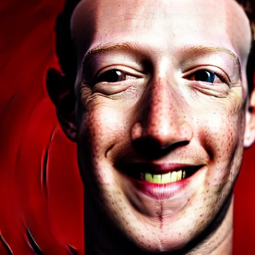 Prompt: a full portrait of mark zuckerberg, his eyes are bloodshot, his skin is pale, blood flows from his eyes over his cheeks, he grins evil, f / 2 2, 3 5 mm, 2 7 0 0 k, lighting, perfect faces, award winning photography.