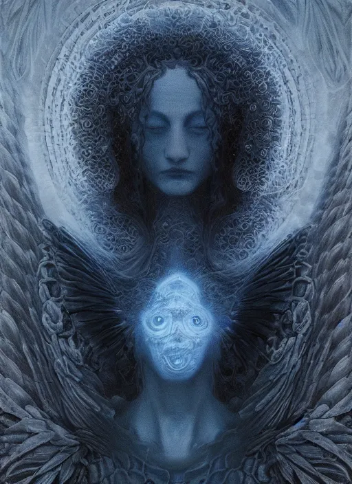 Prompt: Her huge ominous glowing blue eyes staring into my soul , perfect eyes, soft pale white skin, intricate stunning highly detailed, agostino arrivabene, Tomasz strzalkowski, twisted dark lucid dream, 8k portrait render, raven angel wings, swirling thick smoke , beautiful lighting, dark fantasy art, cgsociety