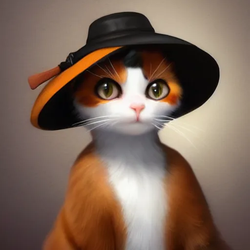 Image similar to a cute calico cat in a hat, artstation, cgsociety