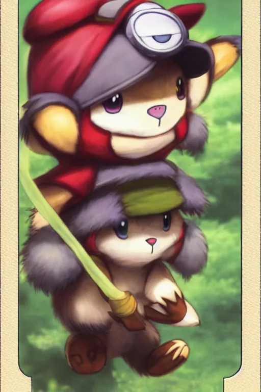 Image similar to teemo, a pokemon trading card of teemo, high detail pokemon trading card scan