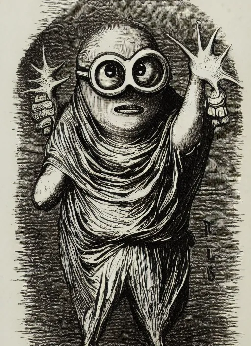Image similar to a minion as a demon from the dictionarre infernal, etching by louis le breton, 1 8 6 9, 1 2 0 0 dpi scan, ultrasharp detail, clean scan