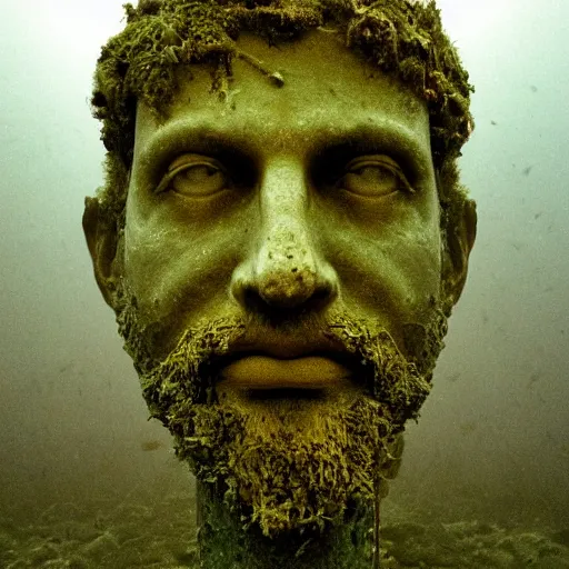 Image similar to Award-winning photograph by Mar Mann. The photo depicts a decaying roman bust of luiz inacio lula da silva overgrown with moss at the bottom of the sea in the middle of ruins of civilization. Minimalism, high definition, perfect composition. Deep sea picture. Very dark. Volumetric Lighting. Fish. Darkness. Ruins