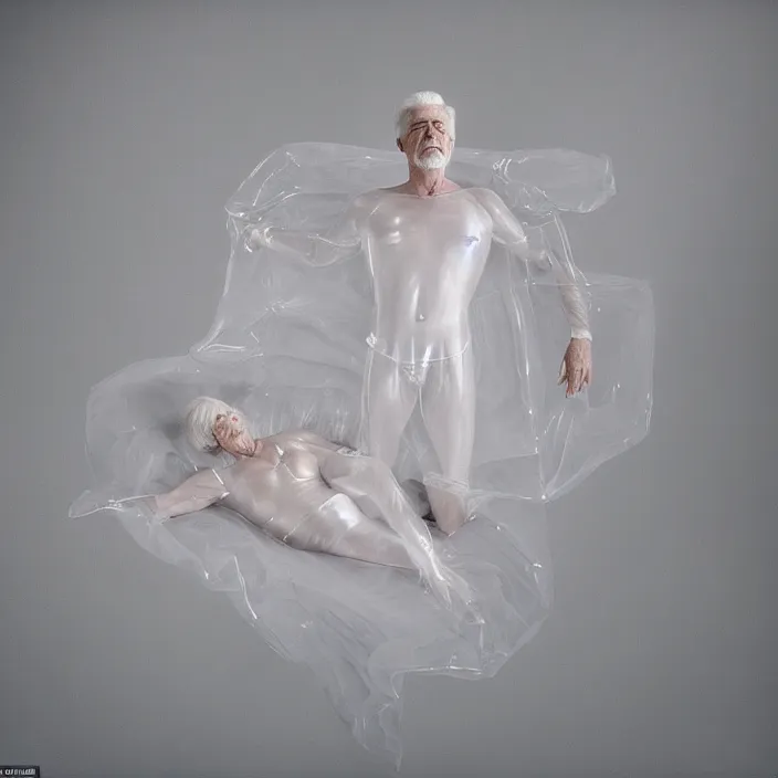 Image similar to a 7 0 year old white haired man lays on a bed, a transparent iridescent figure levitates above him, by vanessa beecroft, canon eos c 3 0 0, ƒ 1. 8, 3 5 mm, 8 k, medium - format print