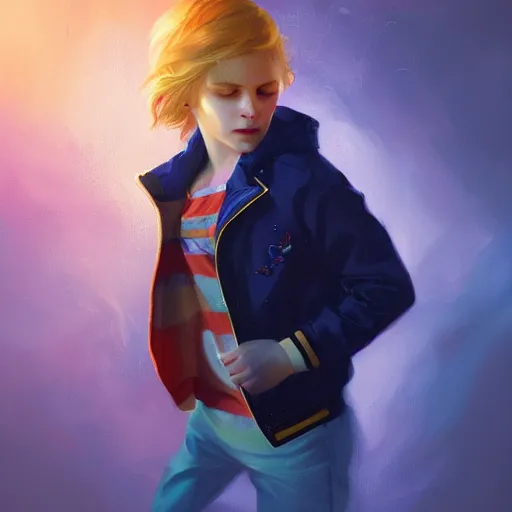Image similar to colorful and festive captivating young boy with wavy blonde hair, navy blue jacket and blue shorts. rich vivid colors, ambient lighting, dynamic lighting, 4 k, atmospheric lighting, painted, intricate, highly detailed by charlie bowater