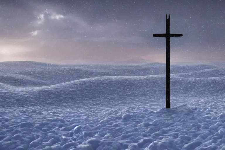 Prompt: a cross on a snow covered field, landscape inspired by salvador dali, a matte painting by li shida, cgsociety, context art, redshift, matte painting, reimagined by industrial light and magic