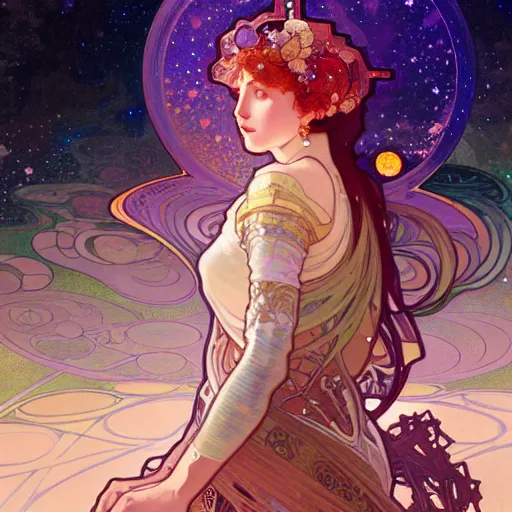 Image similar to a beautiful highly detailed digital art of colorful castle nebulas by alphonse mucha, moebius, krenz cushart, stars in the background, highly detailed, intricate design, cinematic view, 8 k resolution, trending on artstation