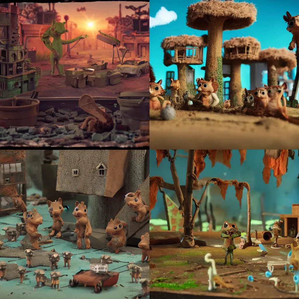 Prompt: infinite squirrel factory, post apocalyptic, claymation style, 8k, high detail