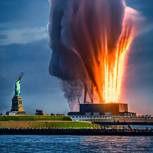 Prompt: disaster photography, of giant zeppelin crashing in to the statue of liberty, full color, insane explosion, 8k, hd, high resolution