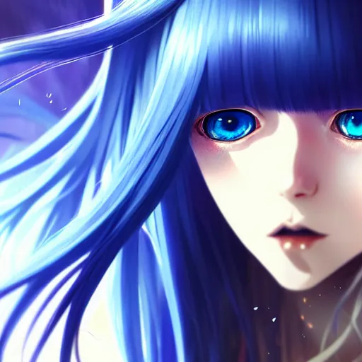 Image similar to attractive long blue - haired girl with bangs gothic anime character with gold eye color, fantasy, screenshot, anime, sharp focus, intricate, illustration, cell shaded, oil painting, highly detailed, concept art, matte, art by ilya kuvshinov and kyoto animation and wlop, and greg rutkowski, studio quality, james jean, artem demura