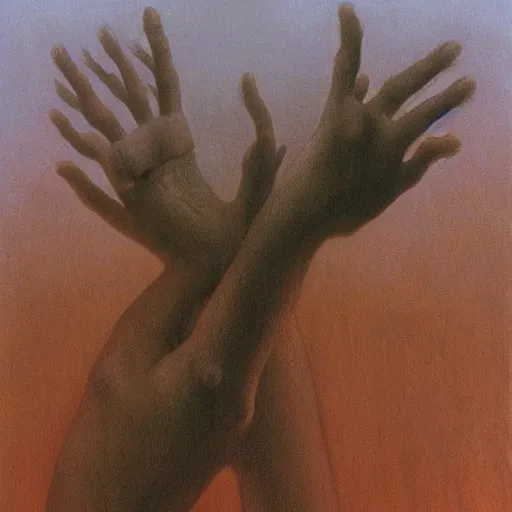 Image similar to hand and arm reaching out of thick fog, zdzislaw beksinski