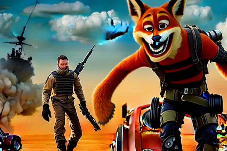 Image similar to nick wilde, heavily armed and armored facing down armageddon in a dark and gritty reboot from the makers of mad max : fury road