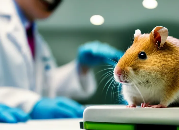 Prompt: film still of a hamster working in a research lab finding the cure for cancer, 8 k