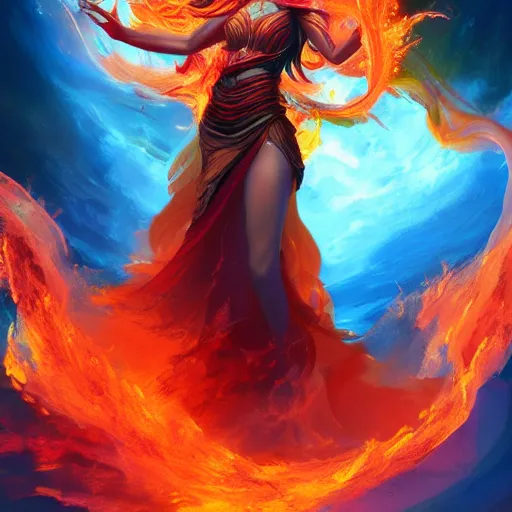 Image similar to ecstatic goddess of fire surrounded by swirling flames and magic, 8k resolution digital painting, cinematic lighting, DeviantArt Artstation, Behance HD, by Jason Felix and Ross Tran, vivid rainbow aventurescence