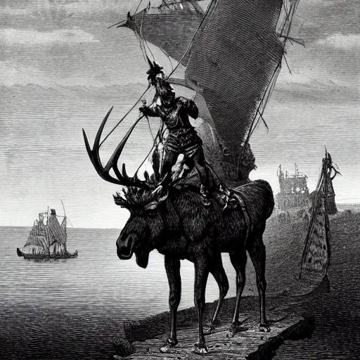 Image similar to anthropomorphic moose barbarian humanoid by gustave dore, pirate ship, sea, fantasy