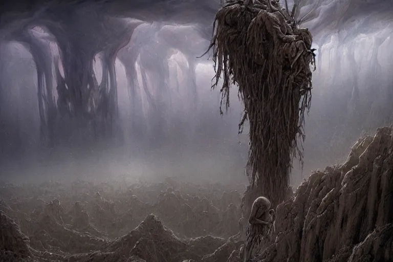 Image similar to prophecy, amazing concept painting by Jessica Rossier and HR giger and Beksinski, the middle of a valley; it was full of bones, bones that were very dry, there was a noise, a rattling sound, and the bones came together, bone to bone , I looked, and tendons and flesh appeared on them and skin covered them, but there was no breath in them and breath entered them, they came to life and stood up on their feet a vast army