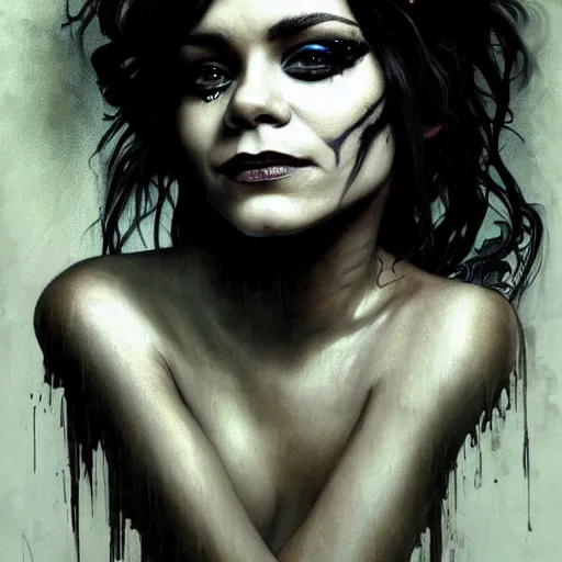 Image similar to beautiful portrait of vanessa hudgens as death from sandman, smiling, by cedric peyravernay, alphonse mucha, by jeremy mann, by lecouffe deharme, goth chic, soft lightning, eyeliner, punk rock, high detailed, 8 k