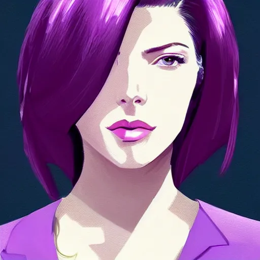 Image similar to A combination of Grace Kelly's and Katheryn Winnick's and Ashley Greene's faces with short violet hair and long winged eyelashes as Motoko Kusanagi from Ghost in The Shell, cyberpunk style, synthwave aesthetic, fantasy, intricate, elegant, highly detailed, digital painting, artstation, concept art, matte, sharp focus, illustration, half body portrait, anime style, art by Artgerm and Greg Rutkowski and Alphonse Mucha