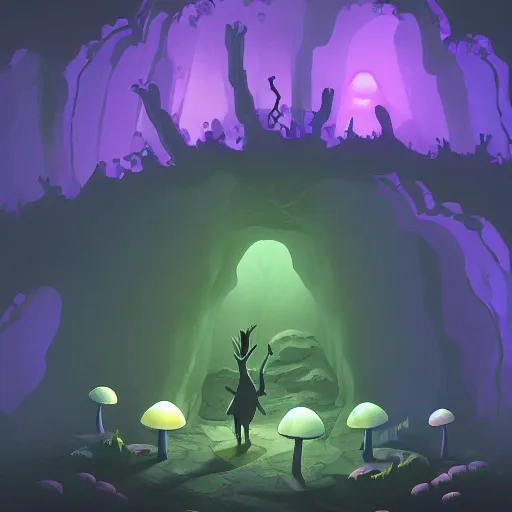 Image similar to a dark cave with glow - in - the - dark mushrooms, artstation, illustration