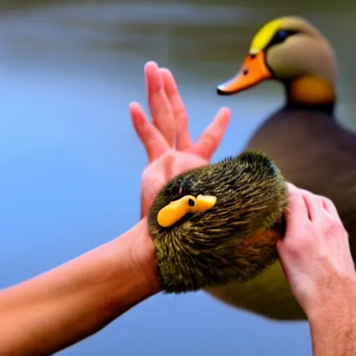 Prompt: duck with human hands, human hands on a duck