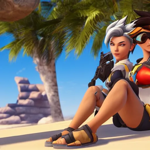 Prompt: tracer and mercy from overwatch relaxing at the beach getting a sun tan, unreal engine 5 4 k