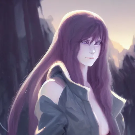 Image similar to a pale demoness with yellow eyes and horns wearing a jacket, highly detailed, digital painting, artstation, matte, by makoto shinkai, animation style