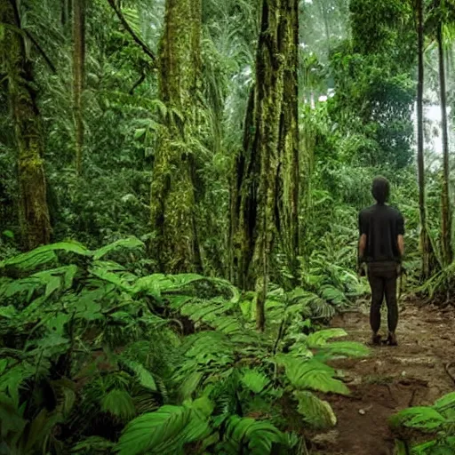 Image similar to a human researcher standing in the rainforest, post - apocalypse, cinematic