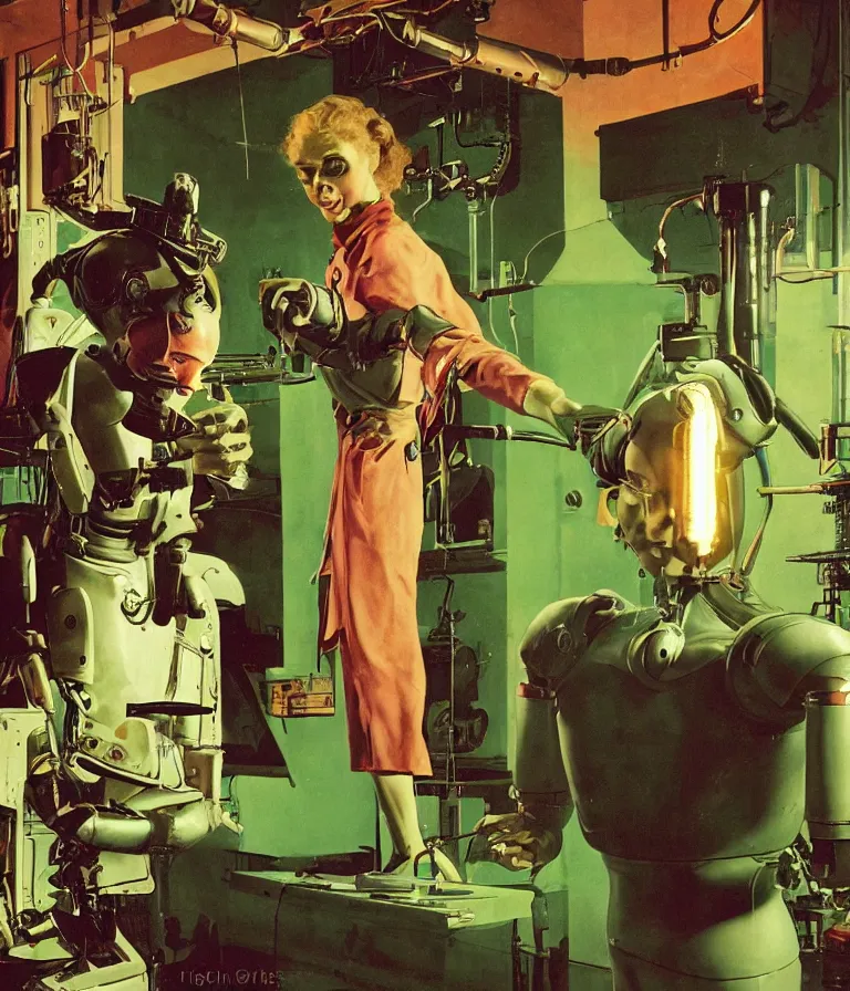 Image similar to a female mad scientist woman building a humanoid robot - man, in a darkly lit laboratory room, 1 9 5 0 s horror movie poster style, ( norman rockwell oil painting ), tight shot, close - up shot, retro science fiction, vintage, saturated pink and green lighting, shadowy lighting, cohesive