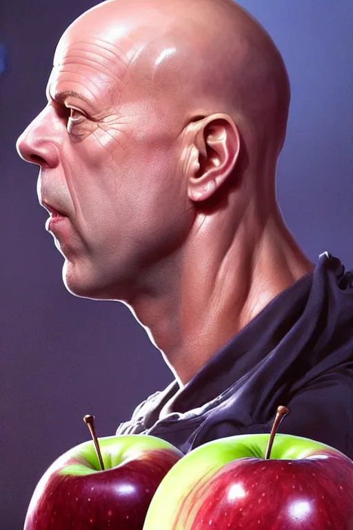 Prompt: bruce willis with skin of an apple, hyper detailed, digital art, artstation, cinematic lighting, studio quality, smooth render, by peter mohrbacher, hajime sorayama, wayne barlowe, boris vallejo, aaron horkey, gaston bussiere, craig mullins