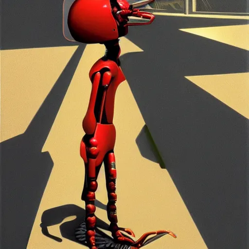 Prompt: self portrait of a humanoid ant with a helmet with pincers. Red and black body armor, digital art, realistic, ultradetailed, concept art in the style of Science Fiction. art by Syd Mead and Moebius, trending on artstation, devianart, cgsociety