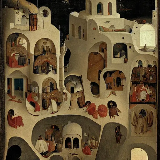 Prompt: santorini in the style of hieronymus bosch