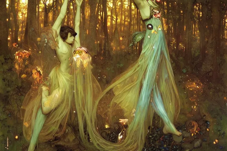 Prompt: dance of fairies around a fire in a forest at night, glowing, painting, muted colors, magical, by peter mohrbacher, by james gurney, by klimt, by alphonse mucha, by john william waterhouse