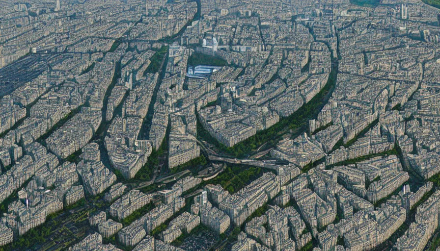 Image similar to Aerial view of Paris with lots of vegetation, hyperdetailed, artstation, cgsociety, 8k