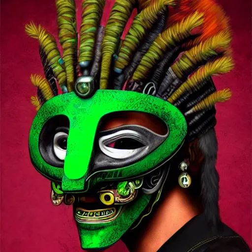 Image similar to a expressive portrait of masked diesel punk quetzalcoatl on the art of mayan ancient culture artstation award - winning realistic sci - f