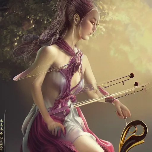 Image similar to beautiful sorceress dressed in a silk dress playing violin inside a japanese mansion, trending on artstation