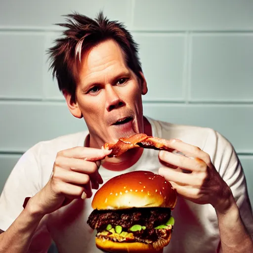 Image similar to kevin bacon profile portrait eating bacon burger soda fries, award winning food photography