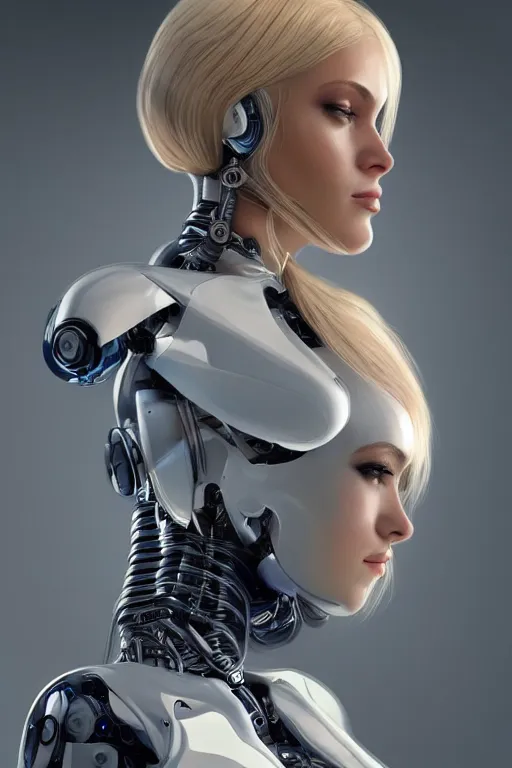 Image similar to a beautiful woman with blonde hair wearing robot suit with wires and light, highly detailed, photorealistic, artstation, smooth