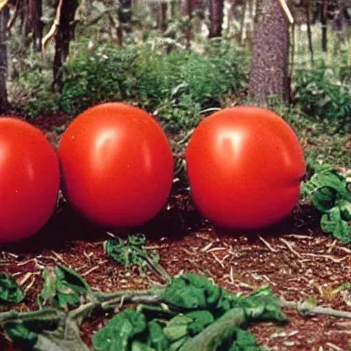 Prompt: anthropomorphic tomatoes on a camping trip, 1 9 8 0 s photo