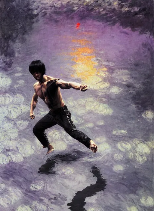 Image similar to bruce lee emerging from purple and black water by greg rutkowski, claude monet, conrad roset, takato yomamoto, rule of thirds, sigma look, beautiful