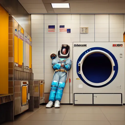 Image similar to a beautiful photo of an astronaut waiting in a laundromat, soft light, morning light, photorealistic, realistic, octane, 8k, cinematic shot