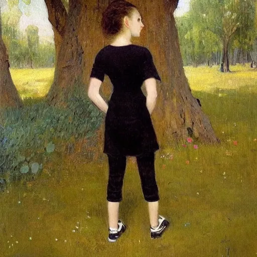 Prompt: a beautiful painting of a thin girl with long curly blond hair. she is wearing a black shirt and white shorts with white shoes. she is standing facing away from us talking to a group of her friends. they are all standing in front of a tree. in style of ilya repin, trending on artstation