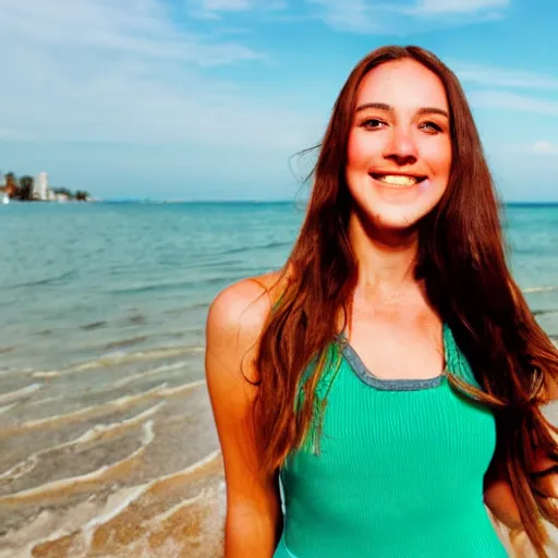 Prompt: A cute young woman, long shiny bronze brown hair, green eyes, cute freckles, smug smile, golden hour, beach setting medium shot, mid-shot,