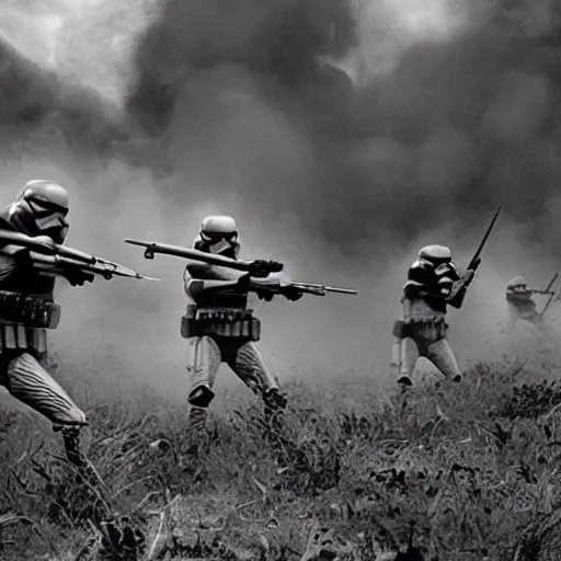 Image similar to star wars clone troopers combat soldiers in vietnam, photo, old picture, lush landscape, jungle, firearms, explosions, helicopters, aerial combat, active battle zone, flamethrower, air support, jedi, land mines, gunfire, violent, star destroyers, star wars lasers, sci - fi, jetpacks, agent orange, bomber planes, smoke, trench warfare