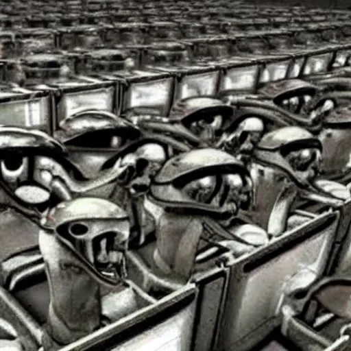 Image similar to humans are trapped in an alien human farm, shocking images, magazine, don't eat humans