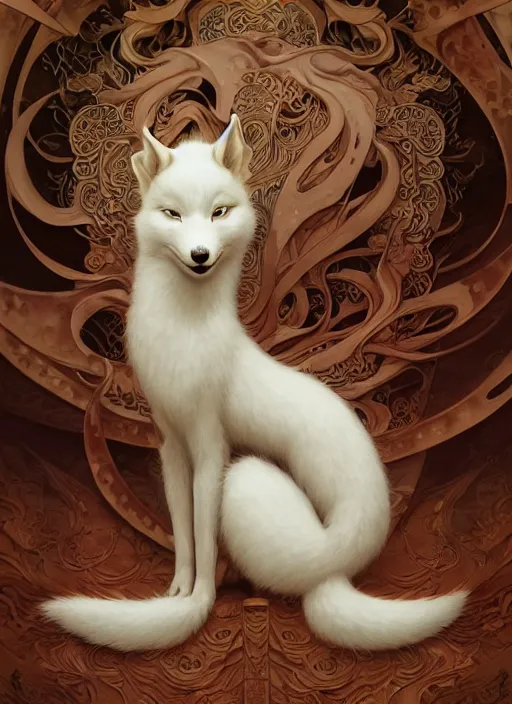 Image similar to white kitsune in autumn color kimono, wooden art nouveau swirls, subsurface scattering, by jesper ejsing, justin gerard, tomasz alen kopera, cgsociety and fenghua zhong, highly detailed, rim light, cinematic lighting, illustration, art, octane render, very coherent, cinematic, hyper realism, high detail, octane render, 8 k