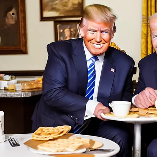 Image similar to photograph of trump and Biden sitting and eating breakfast at a Wafflehouse