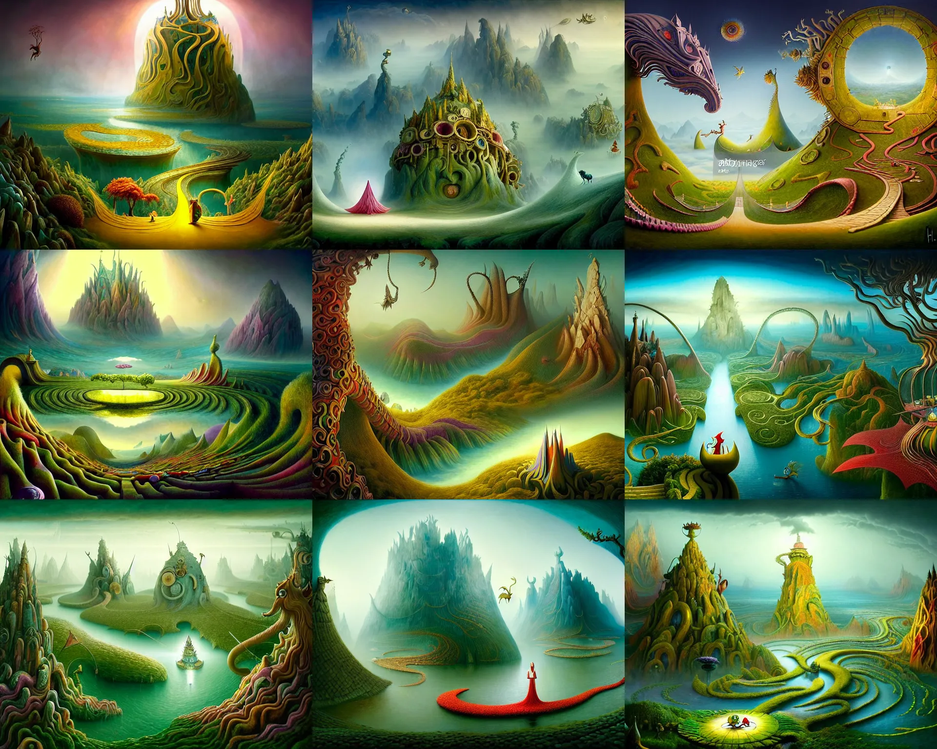 Prompt: a beguiling epic stunning beautiful and insanely detailed matte painting of traveling the impossible winding path through a dream world with surreal architecture designed by Heironymous Bosch, mythical whimsical creatures, mega structures inspired by Heironymous Bosch's Garden of Earthly Delights, vast surreal landscape and horizon by Cyril Rolando and Andrew Ferez and Mike Azevedo, masterpiece!!!, grand!, imaginative!!!, whimsical!!, epic scale, intricate details, sense of awe, elite, wonder, insanely complex, masterful composition!!!, sharp focus, fantasy realism, dramatic lighting
