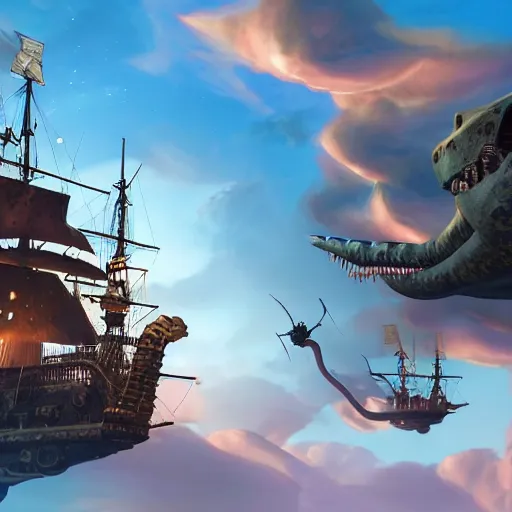 Prompt: Steampunk skyship battle between cat pirates and dinosaur wizards at dusk, 4k, realistic lighting