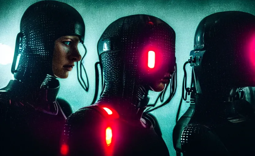 Image similar to cinestill 5 0 d candid photographic portrait by christopher nolan of two loving female androids wearing rugged black mesh techwear in treacherous waters, extreme closeup, modern cyberpunk moody emotional cinematic, pouring rain menacing red spotlight, 8 k, hd, high resolution, 3 5 mm, f / 3 2, ultra realistic faces, ex machina