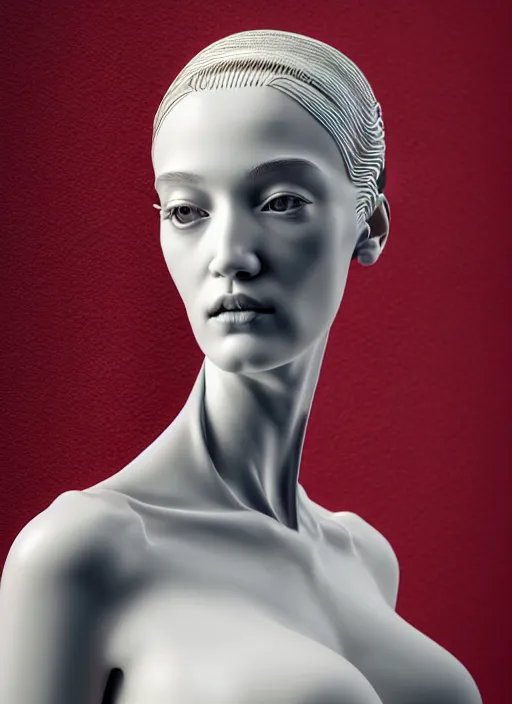 Prompt: complex 3d render ultra detailed of a beautiful porcelain profile young woman face, biomechanical cyborg, 200 mm lens, beautiful studio soft light, rim light, silver white gold red details, cubist magnolia monochromatic red big leaves and stems, roots, fine foliage lace, mesh wire, Alexander Mcqueen high fashion haute couture, art nouveau fashion embroidered, multilayered fabrics, intricate details, hyper realistic, ultra detailed, mandelbrot fractal, anatomical, facial muscles, cable wires, microchip, elegant, octane render, H.R. Giger style, black eyes, plump lips, volumetric lighting, 8k post-production, trending on Artstation