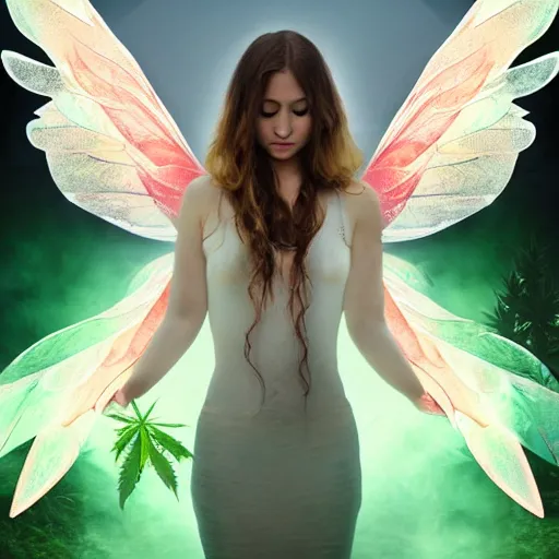 Prompt: beautiful fairy, fantasy, cannabis wings, symmetrical face, full body, dramatic lighting, forest, dreamy